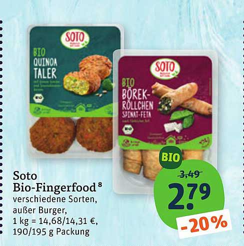 Soto Bio-Fingerfood 8 verschiedene Sorten, außer Burger, 1 kg = 14,68/14,31 €, 190/195 g Packung