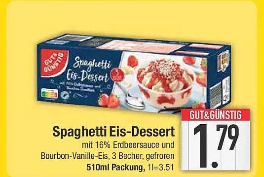 Spaghetti Eis-Dessert mit 16% Erdbeersauce und Bourbon-Vanille-Eis, 3 Becher, gefroren 510ml Packung, 1l=3.51