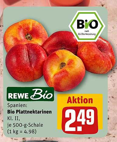 Spanien: Bio Plattnektarinen Kl. II, je 500-g-Schale (1 kg = 4.98)