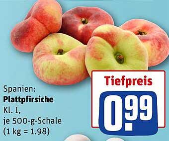 Spanien: Plattpfirsiche Kl. I, je 500-g-Schale (1 kg = 1.98)