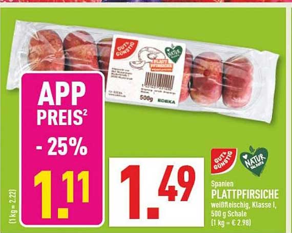 Spanien Plattpfirsiche weißfleischig, Klasse I, 500 g Schale (1 kg = € 2.98)