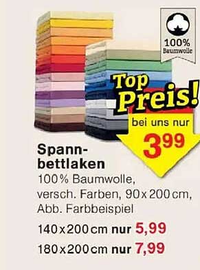 Spann-bettlaken 100% Baumwolle, versch. Farben, 90 x 200 cm. Abb. Farbbeispiel