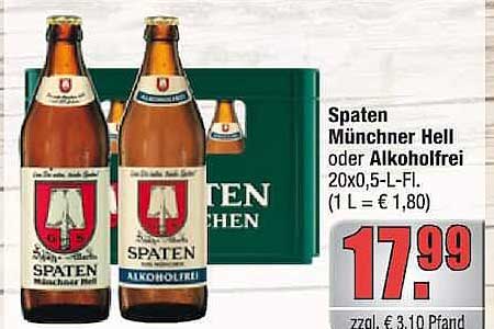 Spaten München Hell oder Alkoholfrei 20x0,5-L-Fl. (1 L = € 1,80)