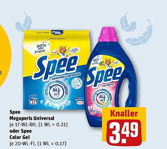 Spee Megaperls Universal je 17-WL-Btl. (1 WL = 0.21) oder Spee Color Gel je 20-WL-Fl. (1 WL = 0.17)