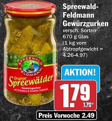 Spreewald-Feldmann Gewürzgurken versch. Sorten 670 g Glas (1 kg vom Abtropfgewicht = 4.26-4.97)