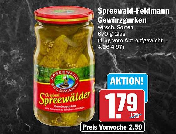 Spreewald-Feldmann Gewürzgurken versch. Sorten 670 g Glas (1 kg vom Abtropfgewicht = 4.26-4.97)