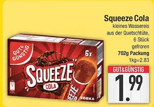 Squeeze Cola kleines Wassereis aus der Quetschüte, 6 Stück gefroren 702g Packung 1kg=2.83