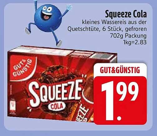 Squeeze Cola kleines Wassereis aus der Quetschüte, 6 Stück, gefroren 702g Packung 1kg=2.83