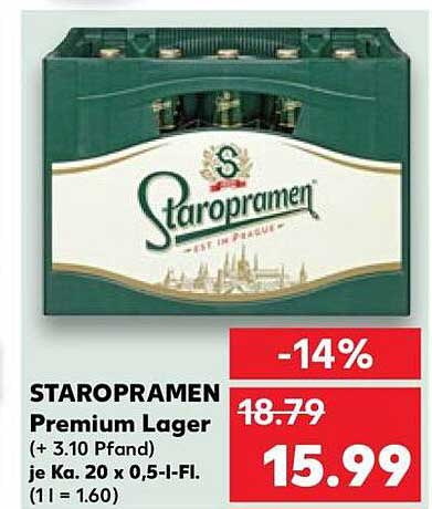 STAROPRAMEN Premium Lager (+ 3.10 Pfand) je Ka. 20 x 0,5-l-Fl. (1 l = 1.60)