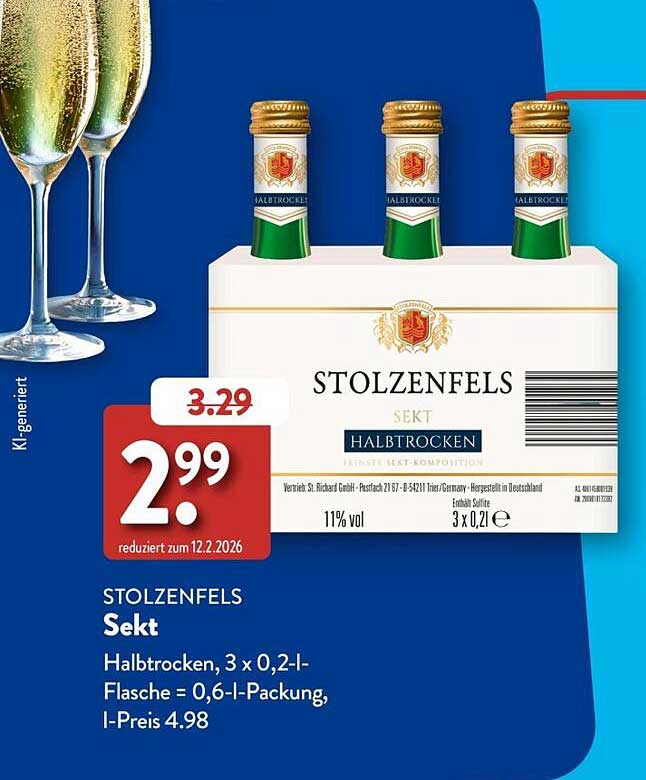 STOLZENFELS Sekt Halbtrocken, 3 x 0,2-l-Flasche = 0,6-l-Packung, l-Preis 4.98
