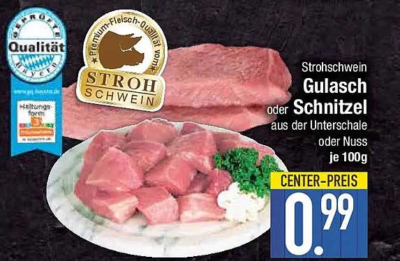 Strohschwein Gulasch oder Schnitzel aus der Unterschale oder Nuss je 100g