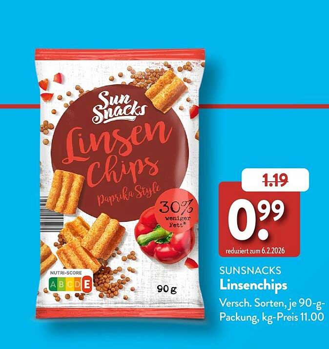 SUNSNACKS Linsenchips Versch. Sorten, je 90-g-Packung, kg-Preis 11.00