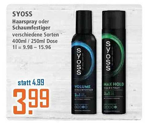 SYOSS Haarspray oder Schaumfestiger verschiedene Sorten 400ml / 250ml Dose 1l = 9.98 - 15.96