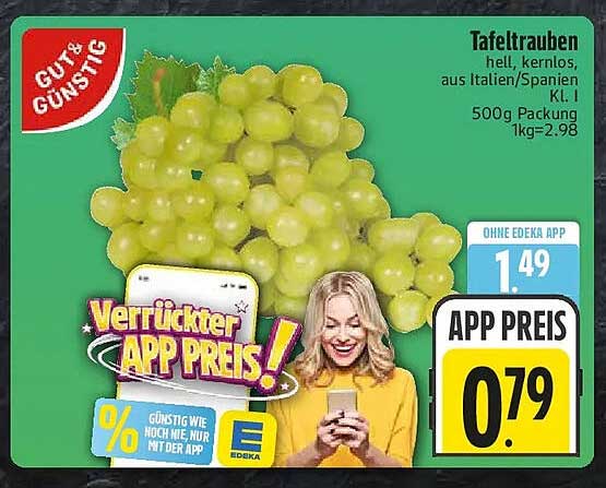 Tafeltrauben hell, kernlos, aus Italien/Spanien, Kl. I, 500g Packung