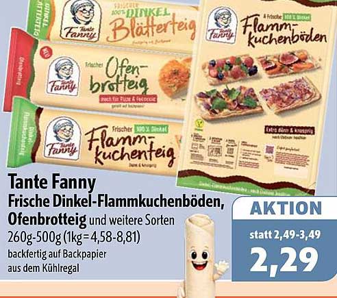 Tante Fanny Frische Dinkel-Flammkuchenböden, Ofenbrotteig und weitere Sorten 260g-500g (1kg=4,58-8,81) backfertig auf Backpapier aus dem Kühlregal