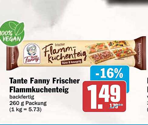 Tante Fanny Frischer Flammkuchenteig backfertig 260 g (1 kg = 5.73)