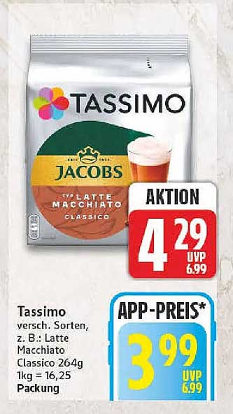 Tassimo versch. Sorten, z. B.: Latte Macchiato Classico 264g 1kg = 16,25 Packung