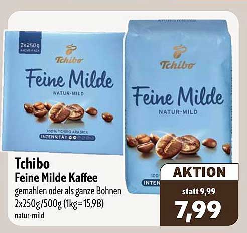 Tchibo Feine Milde Kaffee gemahlen oder als ganze Bohnen 2x250g/500g (1kg=15,98) natur-mild
