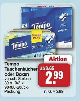 Tempo Taschentücher oder Boxen versch. Sorten 30 x 10/2 x 90-100-Stück-Packung