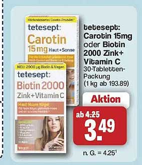 tetesept: Carotin 15mg oder Biotin 2000 Zink+ Vitamin C 30-Tabletten-Packung (1 kg ab 193.89)