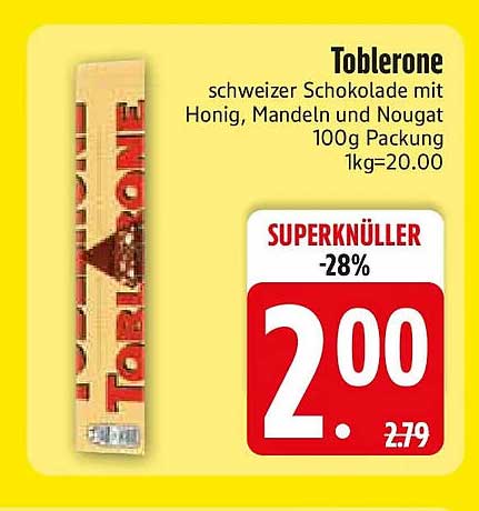 Toblerone schweizer Schokolade mit Honig, Mandeln und Nougat 100g Packung 1kg=20.00