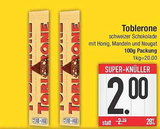 Toblerone schweizer Schokolade mit Honig, Mandeln und Nougat 100g Packung