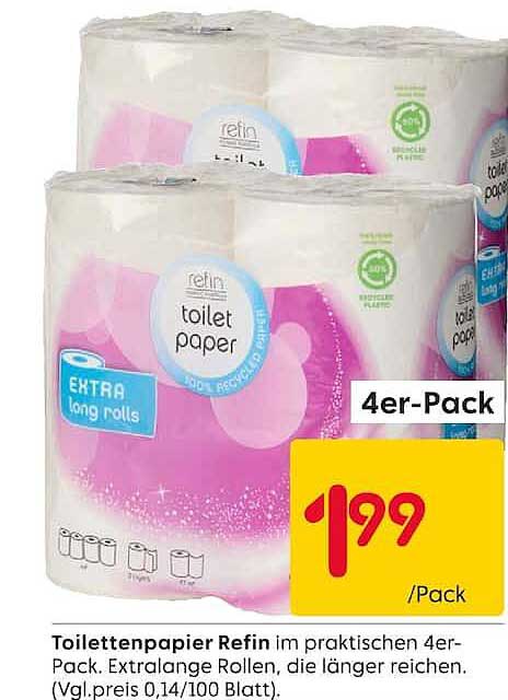 Toilettenpapier Refin im praktischen 4er-Pack. Extralange Rollen, die länger reichen. (VPE: 4 Rollen/Pack).