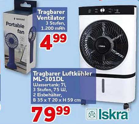 Tragbarer Ventilator 3 Stufen, 1.200 mAh