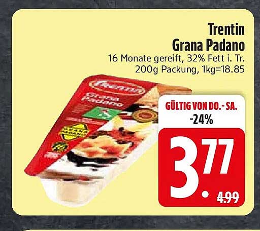 Trentin Grana Padano 16 Monate gereift, 32% Fett i. Tr. 200g Packung, 1kg=18.85