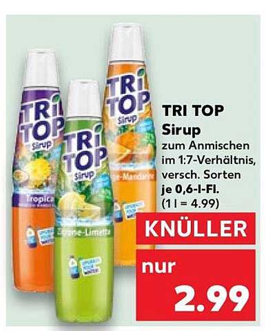 TRI TOP Sirup zum Anmischen im 1:7-Verhältnis, versch. Sorten je 0,6-l-FL. (1 l = 4.99)
