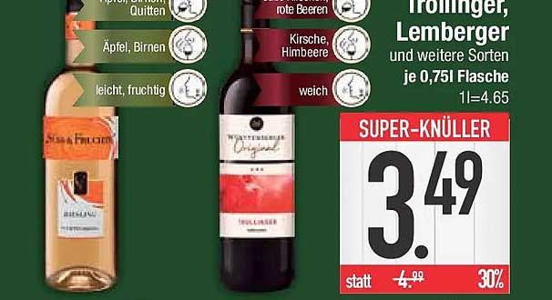 Trollinger, Lemberger und weitere Sorten je 0,75l Flasche