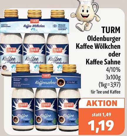 TURM Oldenburger Kaffee Wölkchen oder Kaffee Sahne 4/10% 3x100g (1kg=3,97) für Tee und Kaffee