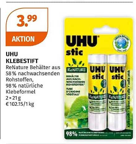 UHU KLEBESTIFT ReNature Behälter aus 58 % nachwachsenden Rohstoffen, 98 % natürliche Klebeformel 2 × 21 g