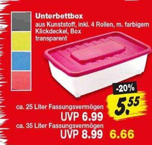 Unterbettbox aus Kunststoff, inkl. 4 Rollen, m. farbigem Klickdeckel, Box transparent