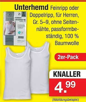 Unterhemd Feinripp oder Doppelripp, für Herren, Gr. 5–9, ohne Seitennähte, formbeständig, 100 % Baumwolle