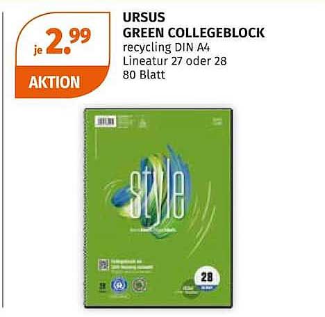 URSUS GREEN COLLEGEBLOCK recycling DIN A4 Lineatur 27 oder 28 80 Blatt