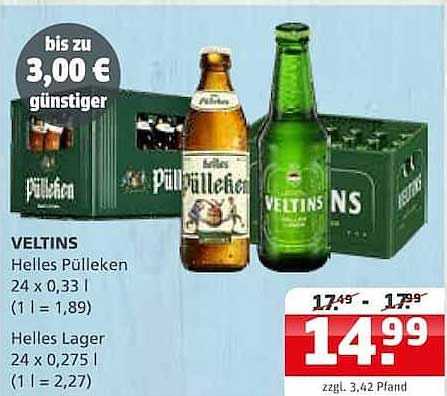 VELTINS Helles Pülleken 24 x 0,33 l (1 l = 1,89) Helles Lager 24 x 0,275 l (1 l = 2,27)