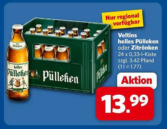 Veltins helles Pülleken oder Zitrönken 24 x 0,33-l-Kiste zzgl. 3,42 Pfand (1 l = 1.77)