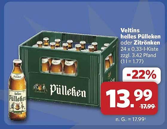 Veltins helles Pülleken oder Zitrönken 24 x 0,33-l-Kiste zzgl. 3,42 Pfand (1 l = 1.77)