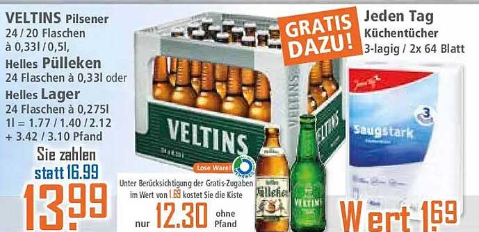 VELTINS Pilsener 24 / 20 Flaschen à 0,33l / 0,5l, Helles Pülleken 24 Flaschen à 0,33l oder Helles Lager 24 Flaschen à 0,275l