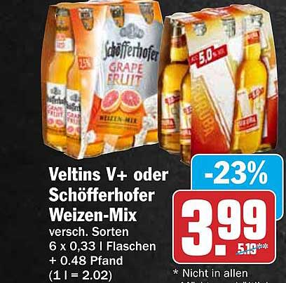 Veltins V+ oder Schöfferhofer Weizen-Mix versch. Sorten 6 x 0,33 l Flaschen + 0,48 Pfand (1 l = 2.02)