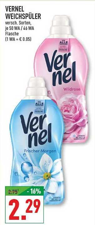 VERNEL WEICHSPÜLER versch. Sorten, je 50 WA / 46 WA Flasche (1 WA = € 0.05)