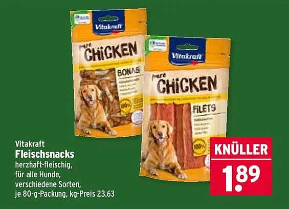 Vitakraft Fleischsnacks herzhaft-fleischig, für alle Hunde, verschiedene Sorten, je 80-g-Packung, kg-Preis 23.63