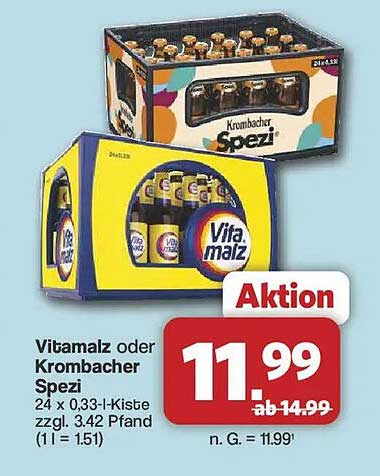 Vitamalz oder Krombacher Spezi 24 x 0,33-l-Kiste zzgl. 3,42 Pfand (1 l = 1.51)