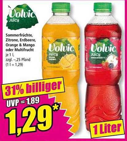 Volvic ju!cy Sommerfrüchte, Zitrone, Erdbeere, Orange & Mango oder Multifrucht je 1 l