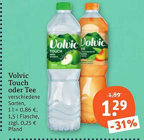 Volvic Touch oder Tee verschiedene Sorten, 1 l = 0,86 €, 1,5 l Flasche, zzgl. 0,25 € Pfand