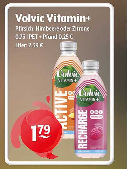 Volvic Vitamin+ Pfirsich, Himbeere oder Zitrone 0,75 l PET + Pfand 0,25 €
