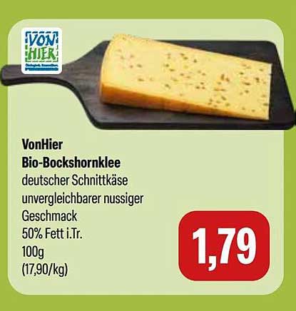 VonHier Bio-Bockshornklee deutscher Schnittkäse unvergleichlicher nussiger Geschmack 50% Fett i.Tr. 100g (17,90/kg)