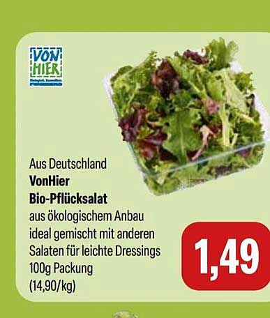 VonHier Bio-Pflücksalat aus ökologischem Anbau ideal gemischt mit anderen Salaten für leichte Dressings 100g Packung (14,90/kg)