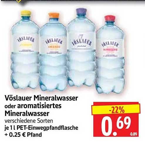 Vöslauer Mineralwasser oder aromatisiertes Mineralwasser verschiedene Sorten je 1 l PET-Einwegpfandflasche + 0.25 € Pfand